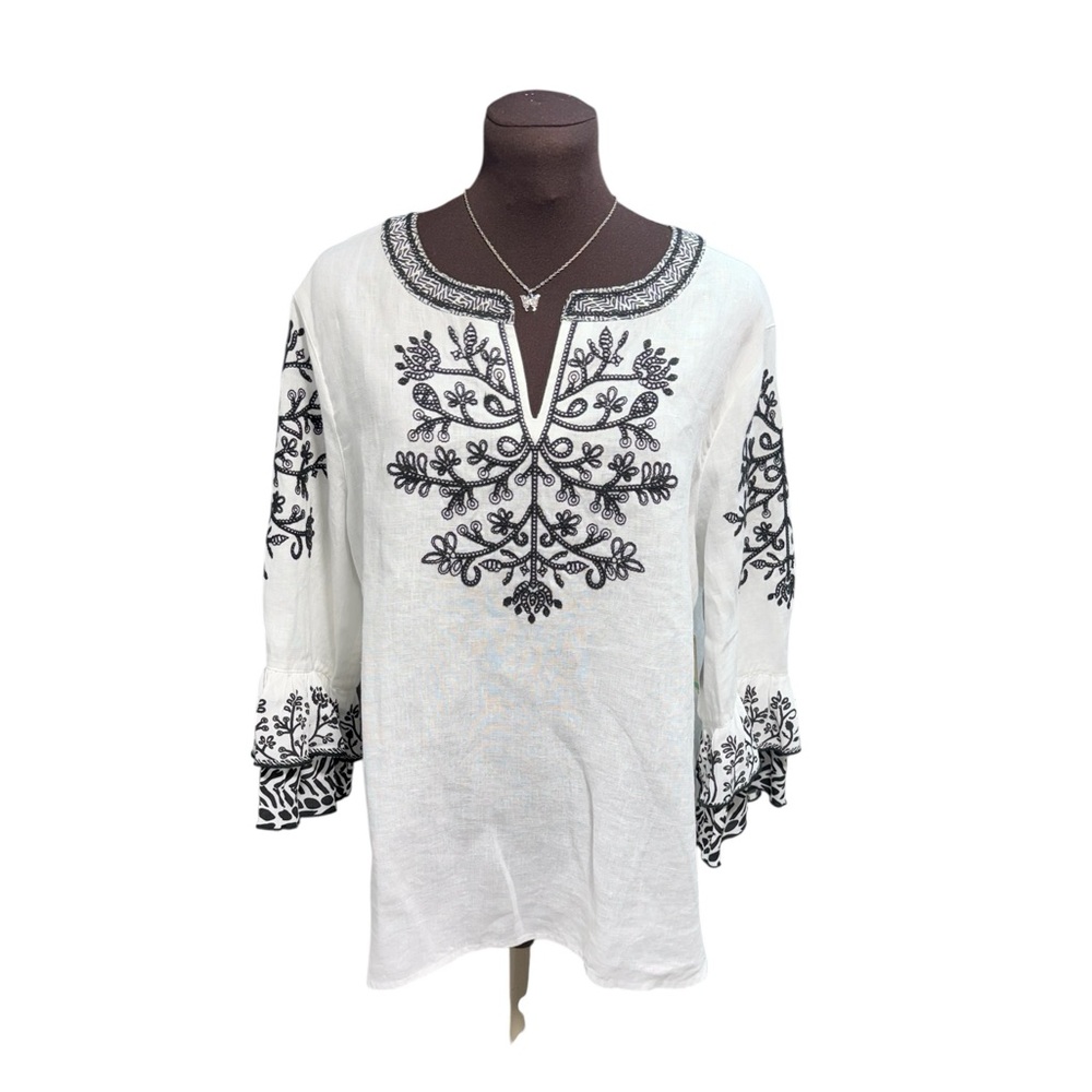 NWT John Mark Women’s Embroidered 100% Linen Tunic Top Blouse White Sz Large
